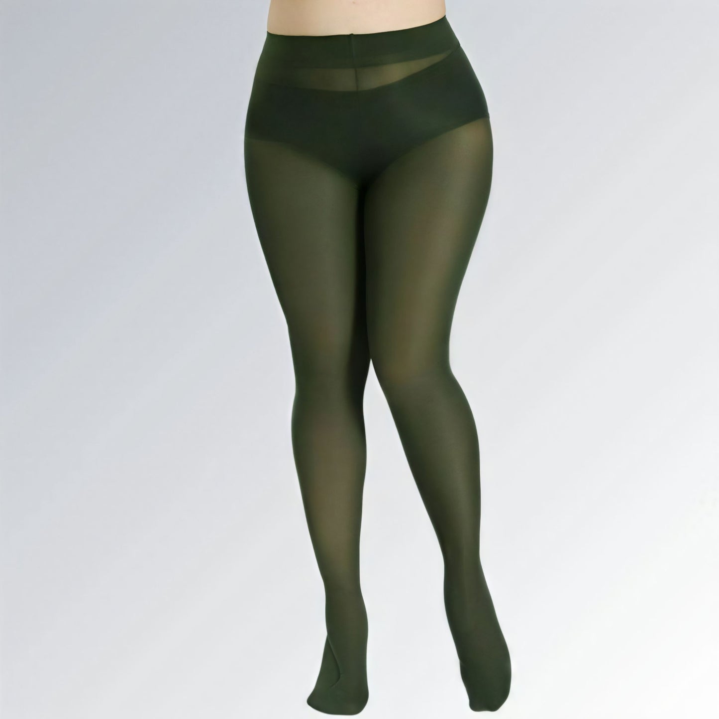 Meia-calça feminina plus size verde de cintura alta, confeccionada em tricô fino com elastano e náilon.