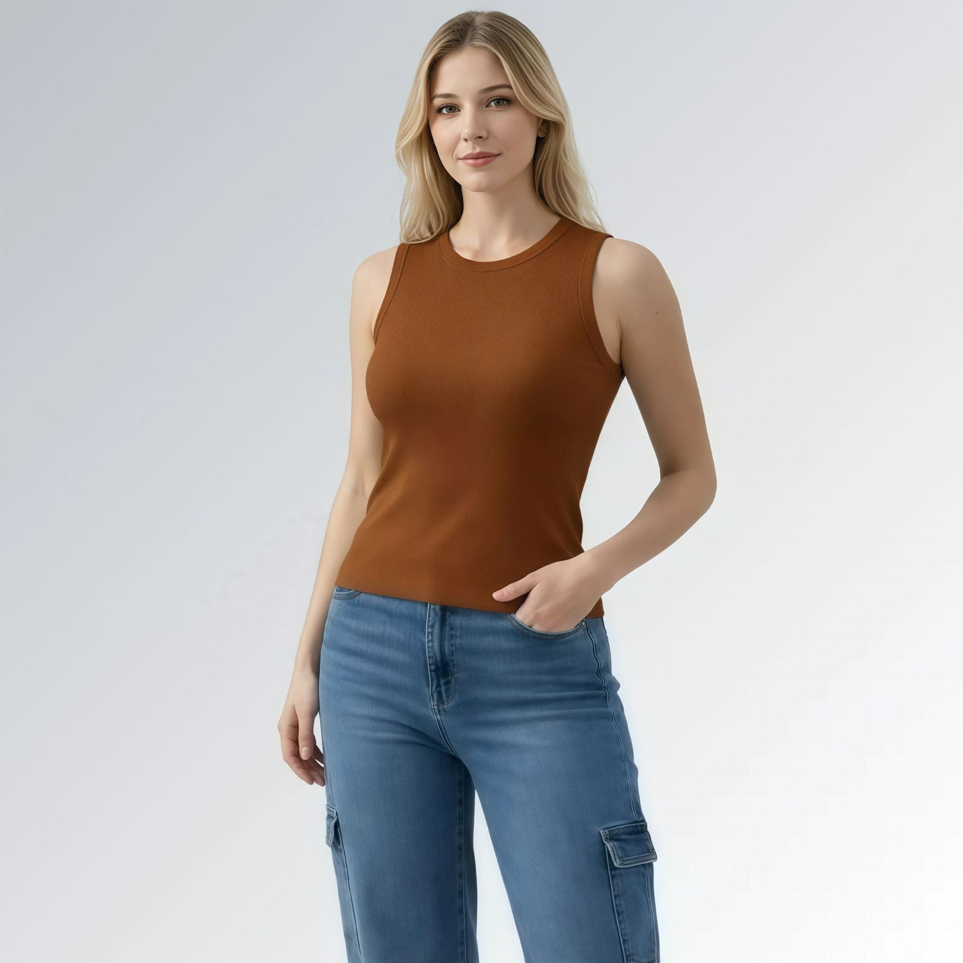Regata alças largas gola redonda feminina marrom em tecido canelado, combinada com calça jeans azul — peça moderna disponível para venda online de moda casual.