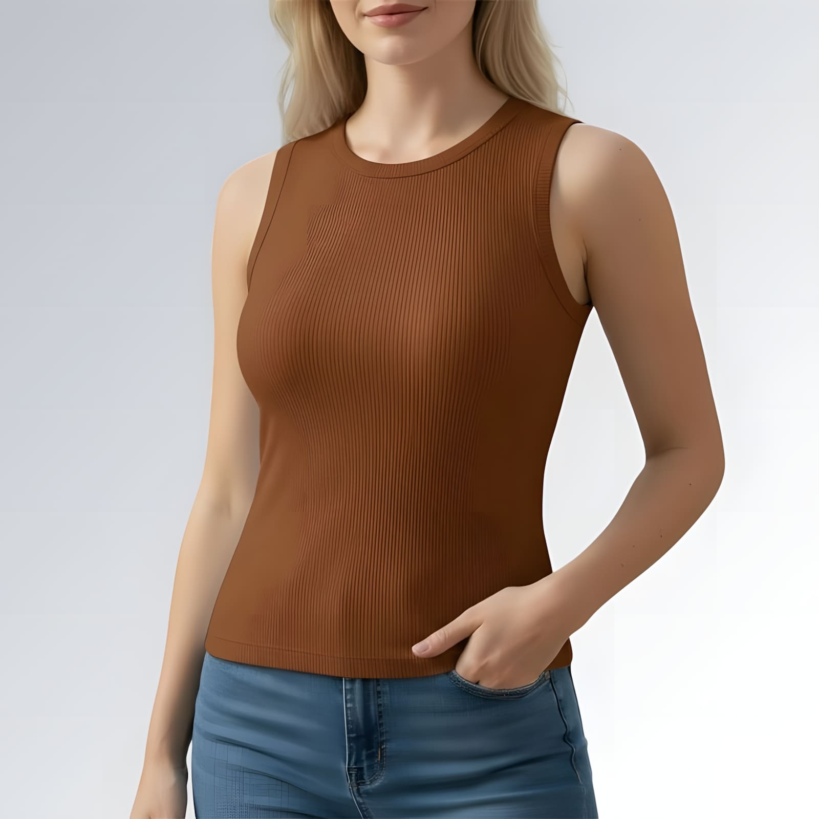 Regata alças largas gola redonda feminina marrom em tecido canelado, combinada com calça jeans azul — peça moderna disponível para venda online de moda casual.