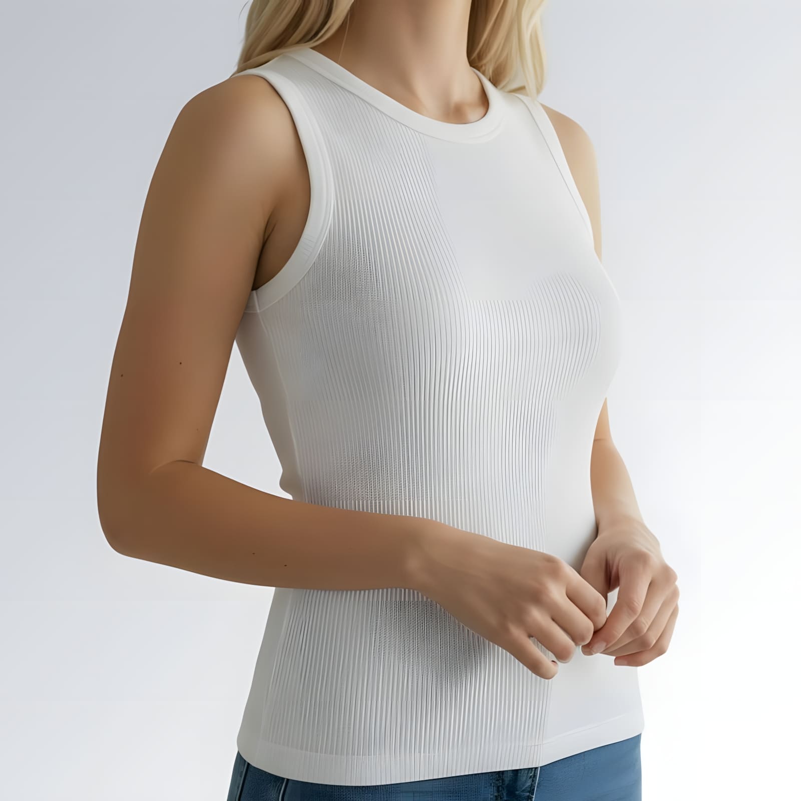 Regata alças largas gola redonda feminina branca em tecido canelado, combinada com calça jeans azul — peça moderna disponível para venda online de moda casual.