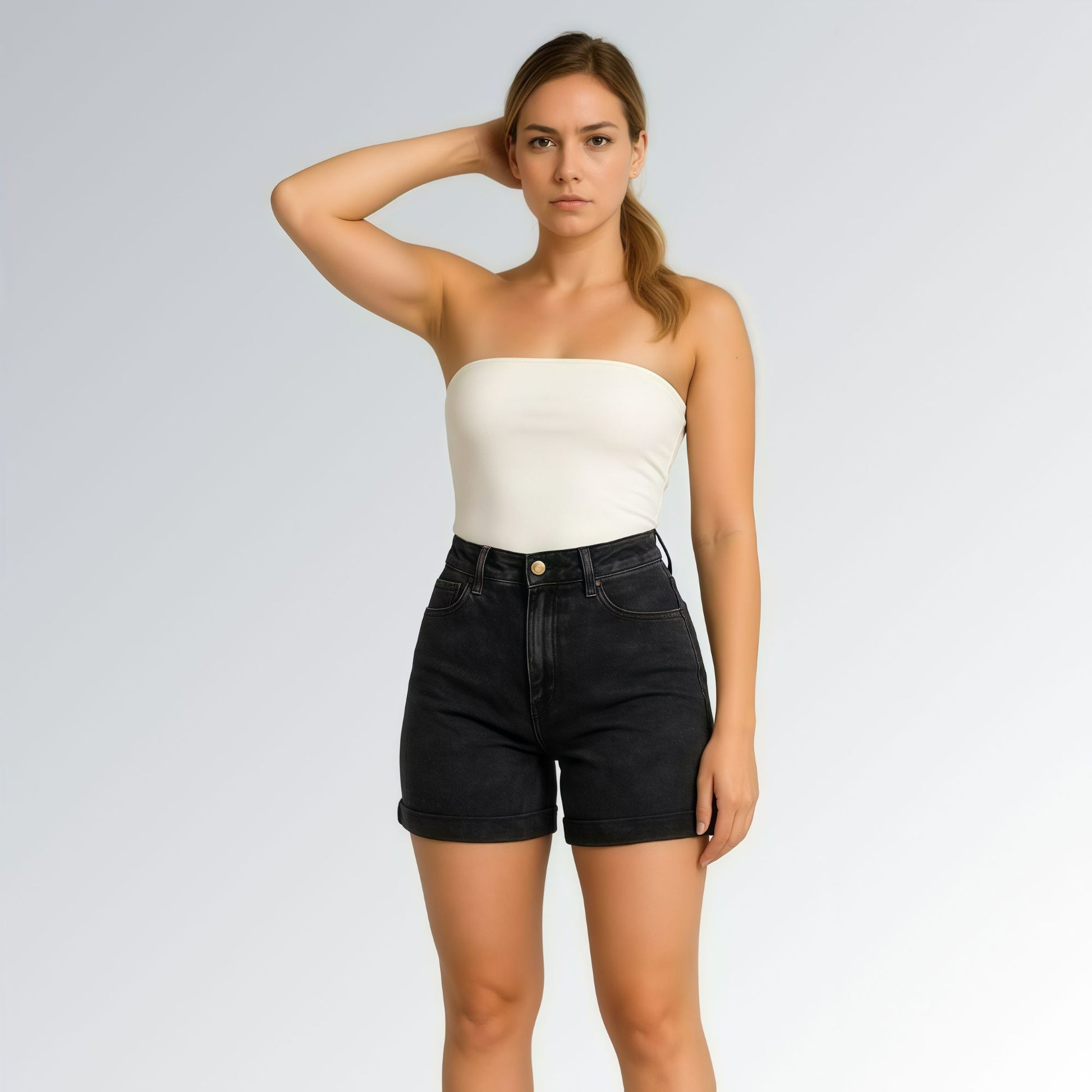 Shorts Meia Coxa Jeans Cinza Grafite Marmorizado Chumbo Feminino