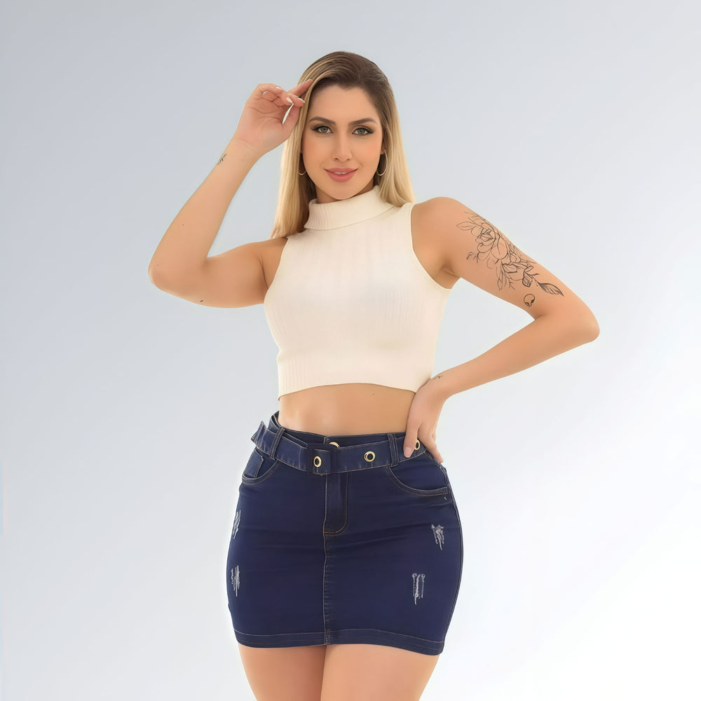 Saia Curta Jeans com Detalhes de Cinto Azul Escuro e Cintura Alta Feminina Jz New Moda
