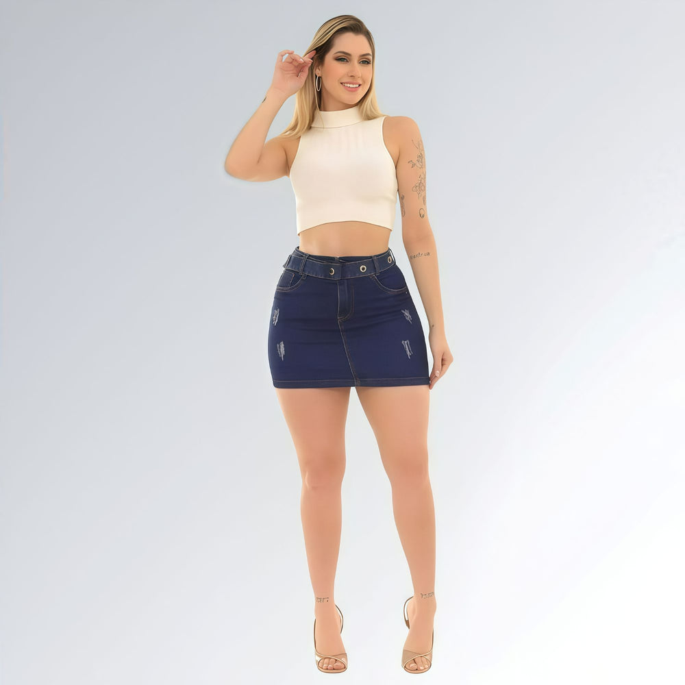 Saia Curta Jeans com Detalhes de Cinto Azul Escuro e Cintura Alta Feminina Jz New Moda