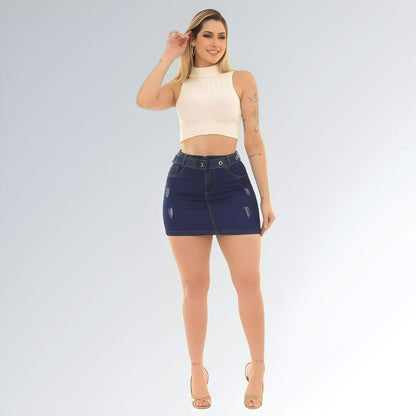 Saia Curta Jeans com Detalhes de Cinto Azul Escuro e Cintura Alta Feminina Jz New Moda