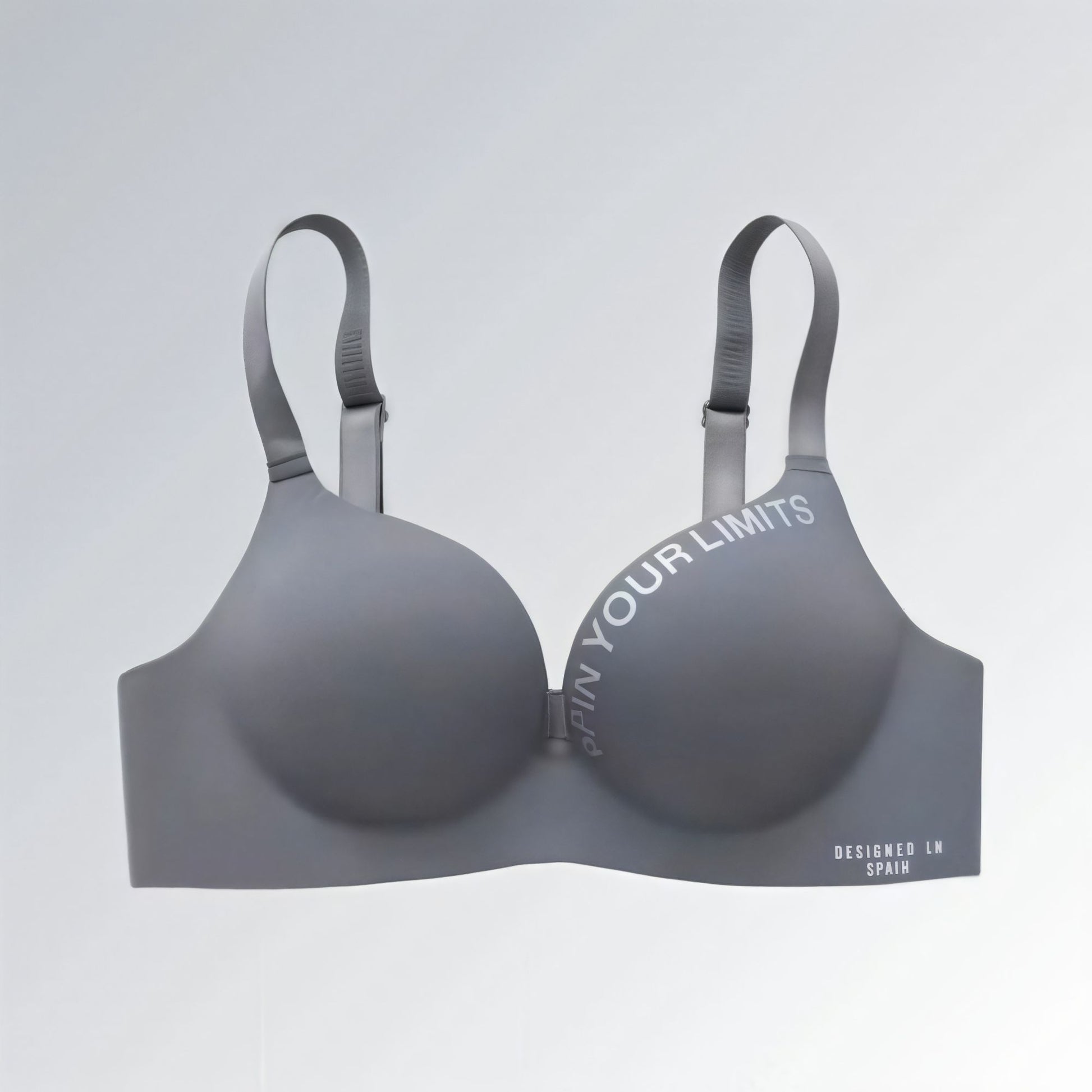 Sutiã feminino cinza push-up sem costura, com alças ajustáveis e design confortável para sustentação.