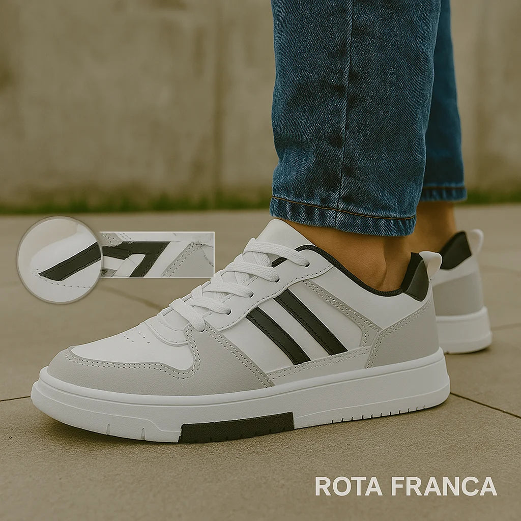 Tênis casual masculino, confortável, bico redondo e com sola antiderrapante.