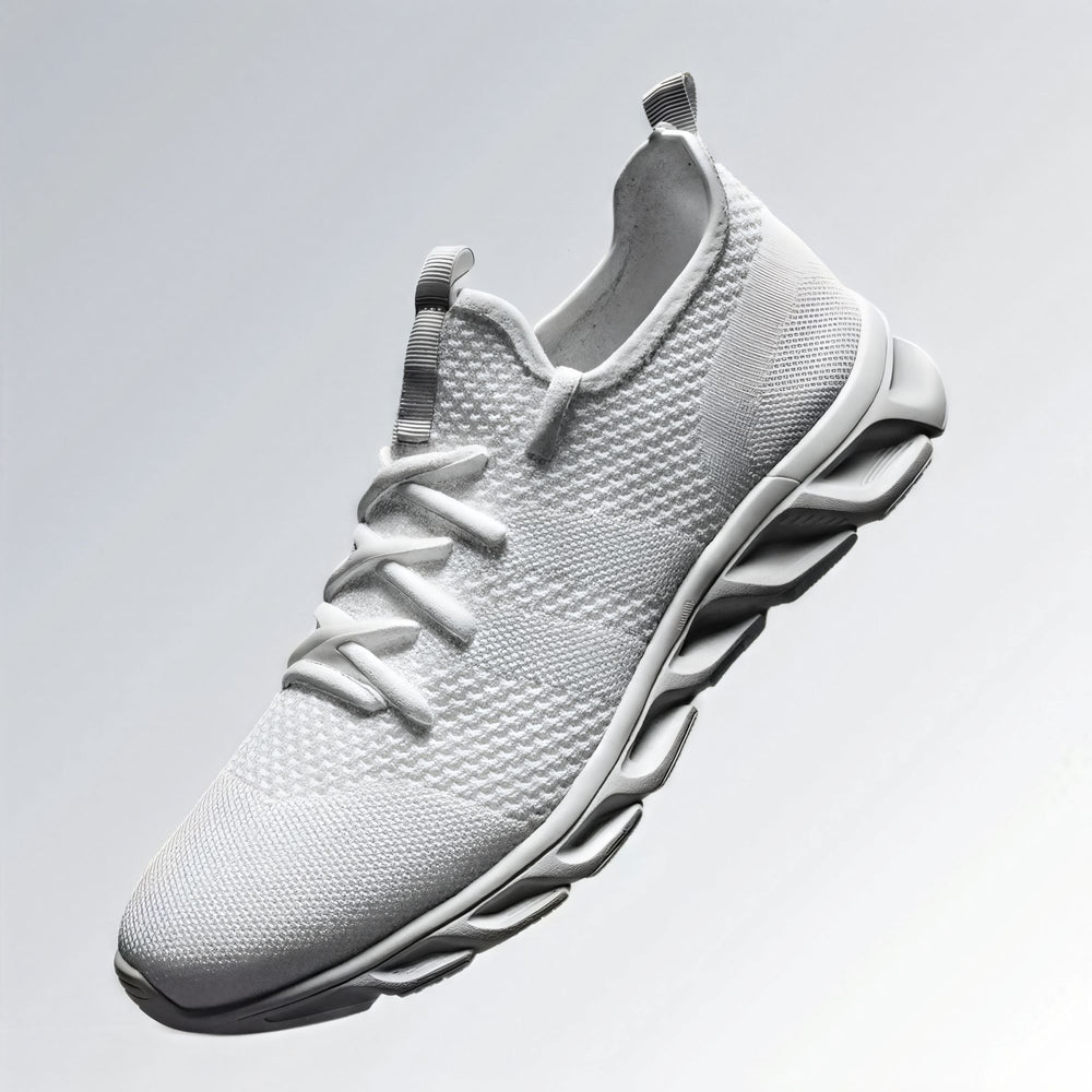 Tênis esportivo unissex branco com cabedal em malha respirável, solado anatômico ondulado e design moderno.