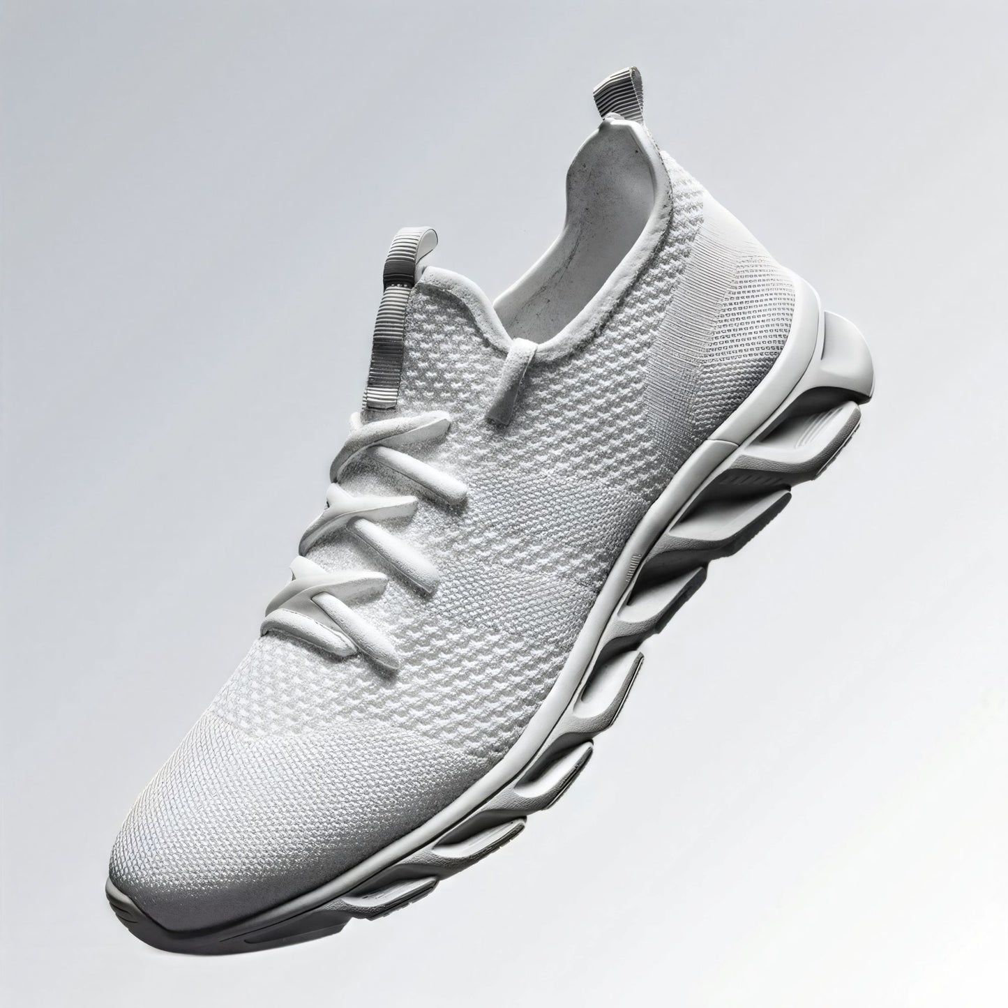 Tênis esportivo unissex branco com cabedal em malha respirável, solado anatômico ondulado e design moderno.