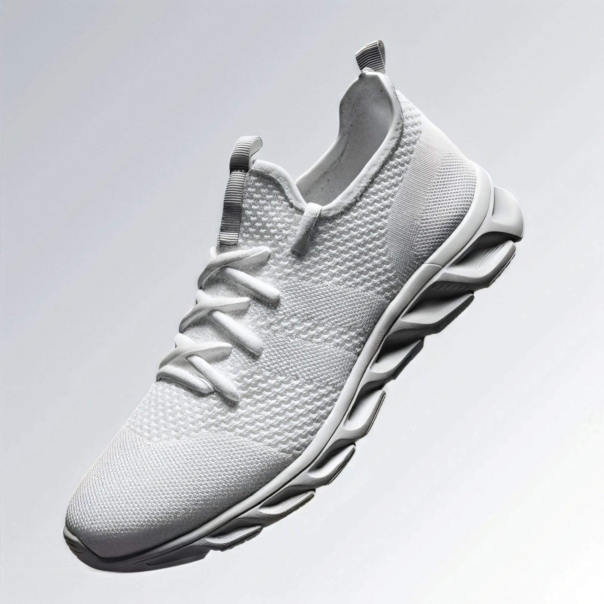 Tênis esportivo unissex branco com cabedal em malha respirável, solado anatômico ondulado e design moderno.