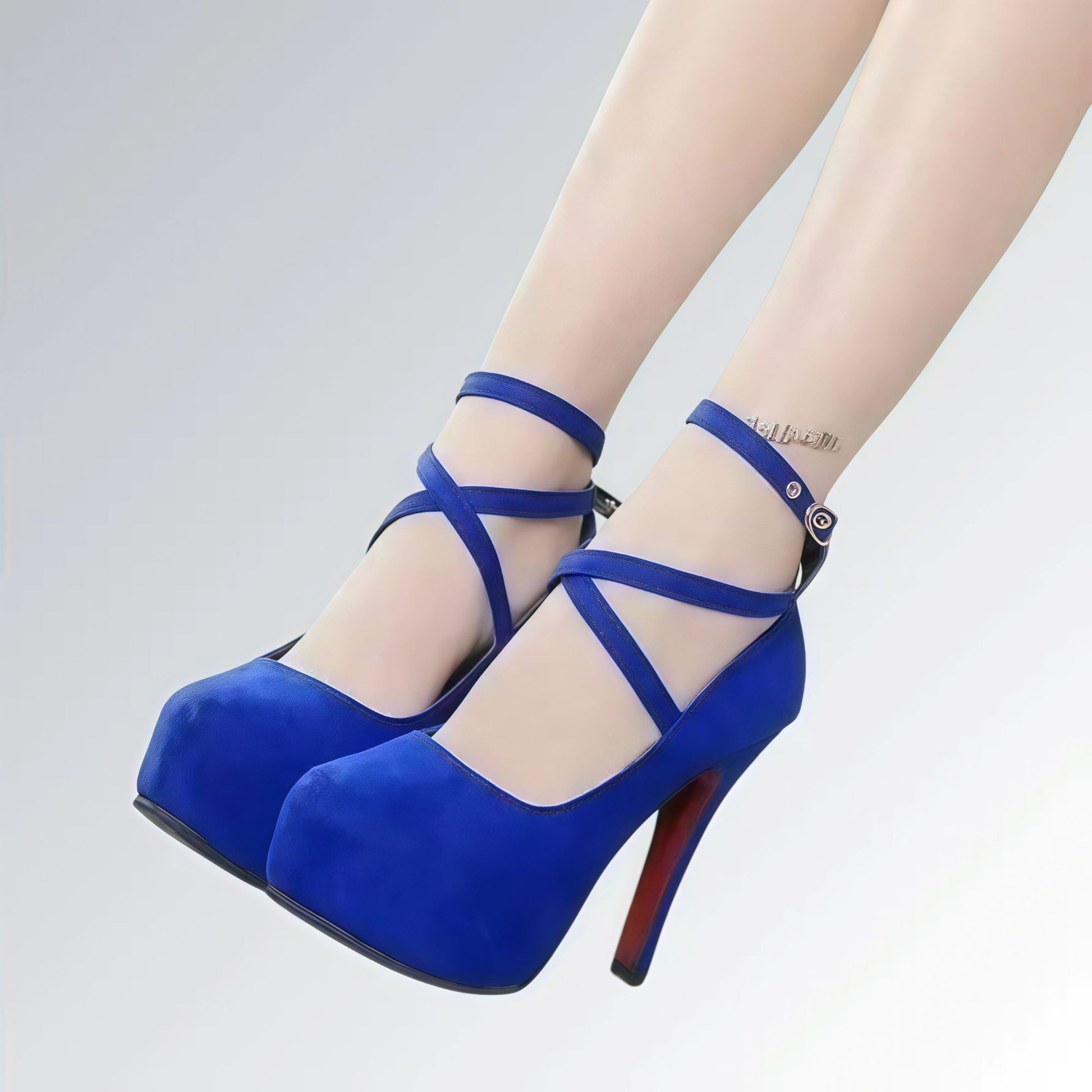 Sandália Feminina Azul de Salto Plataforma com Tiras no Tornozelo.